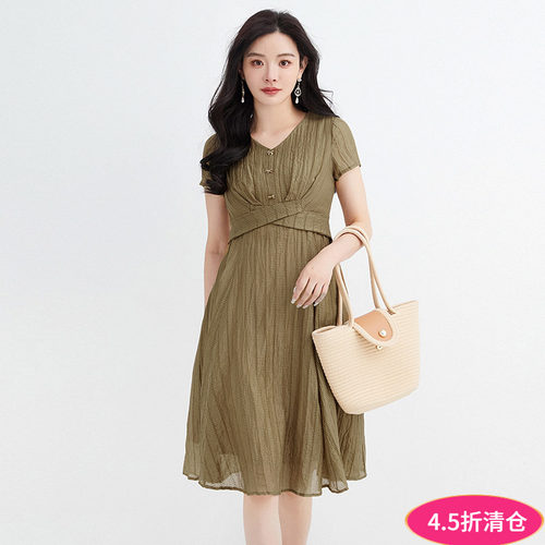 含天丝V领中长连衣裙女