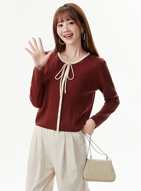 奥特莱斯品牌折扣 MO秋装新款 温婉气质拼色上衣套头长袖针织衫女