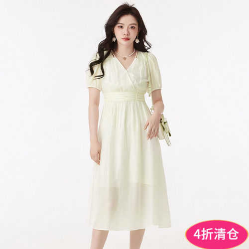 气质V领松紧腰中长连衣裙