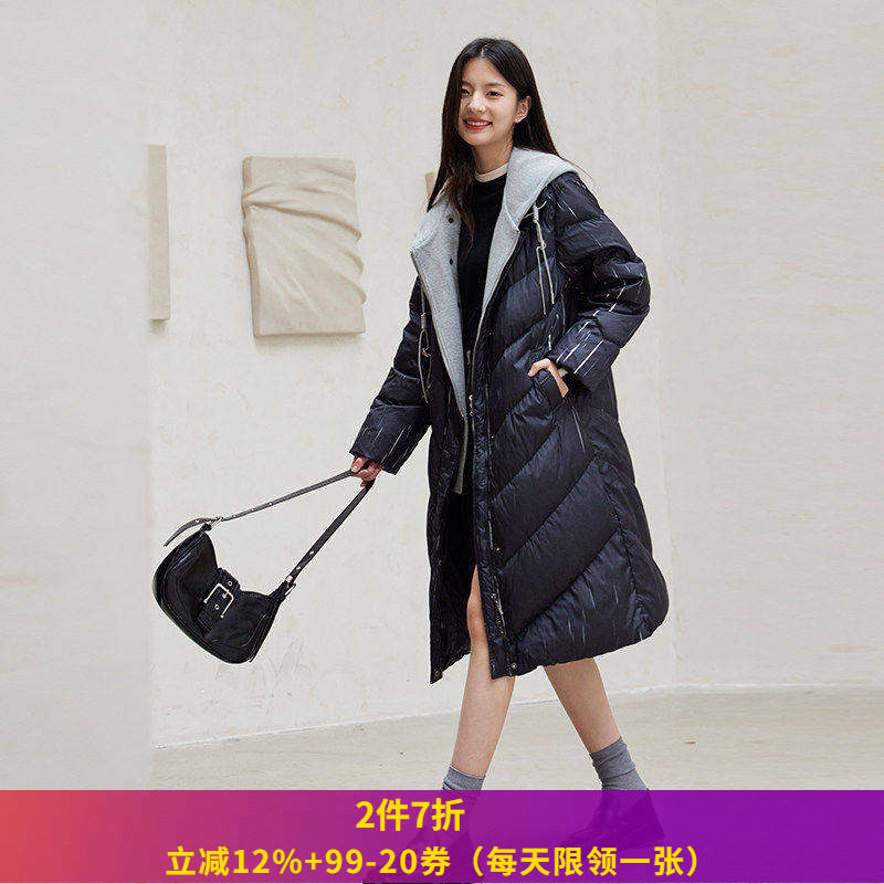 SOMSOM/索玛冬季 羽绒服女长款过膝鸭绒宽松针织帽加厚保暖外套女