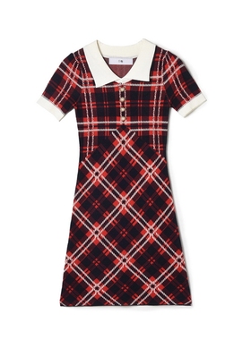 Outlets专柜撤柜正品 UW夏装2025新款拼色格纹短裙紧身短袖连衣裙