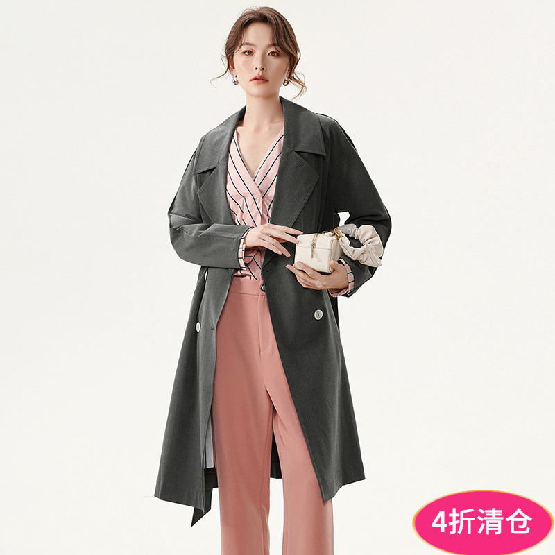 2025年春Outlets正品 高端HM系列双排扣加长款宽松长袖风衣外套女