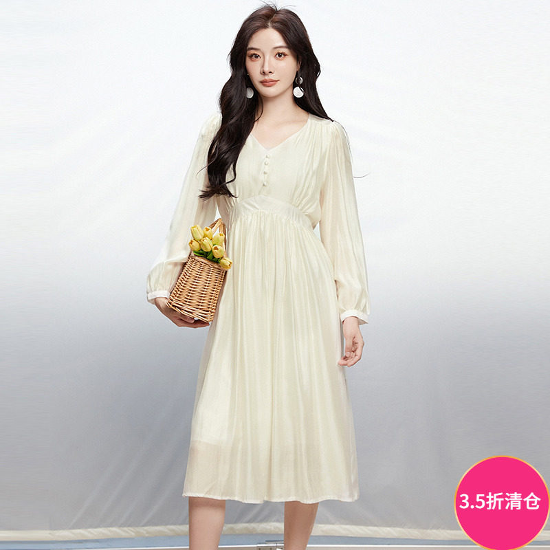 奥莱专柜品牌撤柜正品 HG秋装2025新款 温柔知性中长裙纯色连衣裙