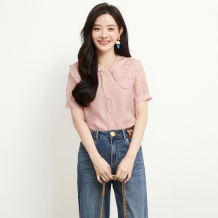 2025年夏Outlets正品 高端XJ系列甜美可爱娃娃领上衣单排扣衬衫女