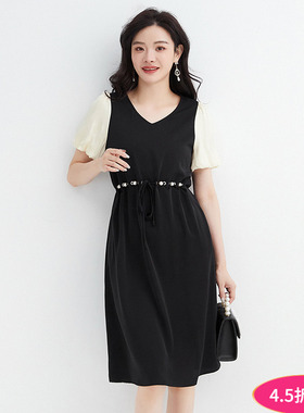 奥莱专柜撤柜正品 汉货精品HH夏装新款 拼色减龄五分袖中裙连衣裙