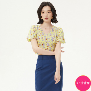 衬衫 Outlets专柜撤柜正品 含桑蚕丝高腰减龄碎花短袖 新款 女 NY夏装