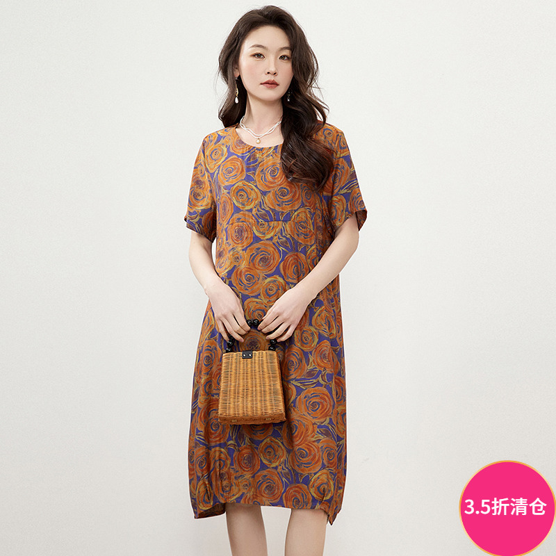 2025年夏装Outlets专柜 RJ系列撞色设计中裙宽松短袖妈妈装连衣裙