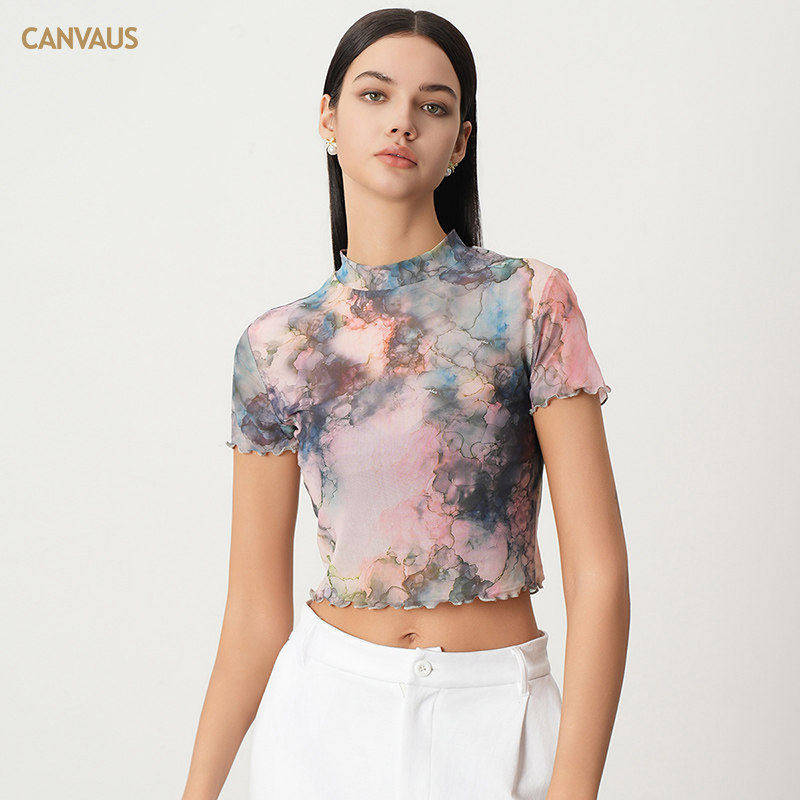 Outlets专柜正品卡恩希夏装新款小高领水墨扎染修身薄款网纱T恤女,女装/女士精品,T恤,淘宝优惠券,粉丝福利购,淘宝优惠卷