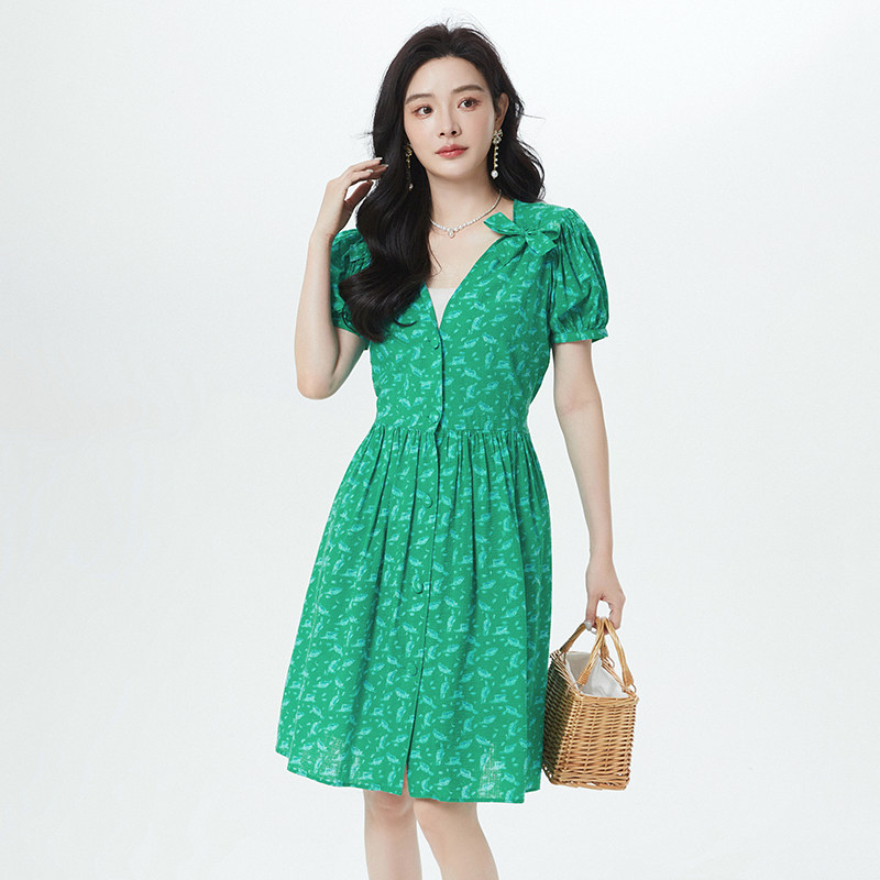 Outlets专柜撤柜正品 南油N系列夏装新款 蝴蝶结中裙设计领连衣裙