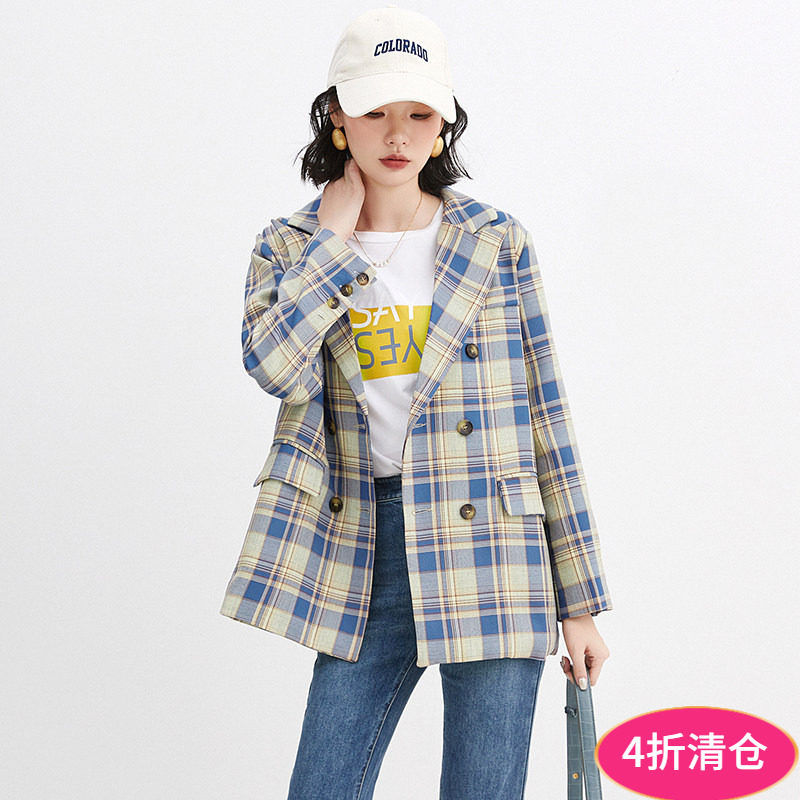 2025年秋Outlets正品 高端VN系列撞色格纹西装上衣时尚长袖外套女