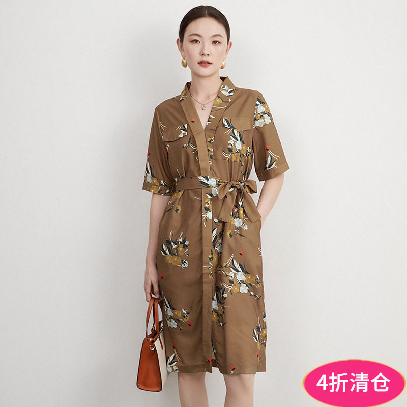奥莱专柜品牌撤柜正品 QY夏装2025新款 端庄大气中裙五分袖连衣裙