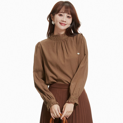 Outlets专柜撤柜正品 AM秋装新款纯色简约长袖上衣木耳立领衬衫女