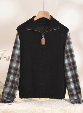 2025年冬装Outlets专柜 高端HZ系列格纹拼接上衣含羊毛微弹毛衣女