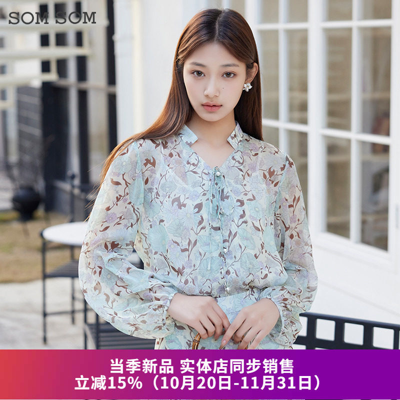 休闲温柔碎花复古雪纺衫女