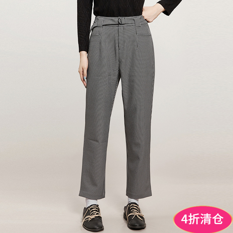 高腰格纹长裤遮胯宽休闲裤