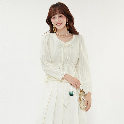 2025年秋装Outlets专柜 AM系列棉质可开扣上衣系带设计长袖衬衫女