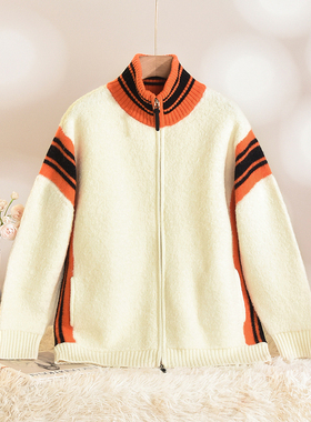 Outlets专柜撤柜正品 HZ冬装2025新款拼色立领休闲羊毛开衫毛衣女