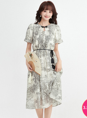 Outlets专柜撤柜正品 ZY夏装2025新款一粒扣中长裙系带花色连衣裙