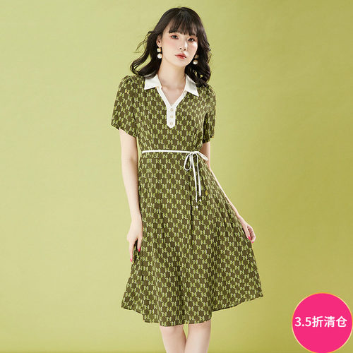 小香风翻领系腰带连衣裙