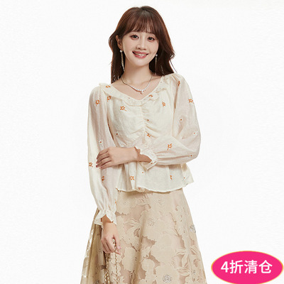 长袖上衣甜美风提花衬衫