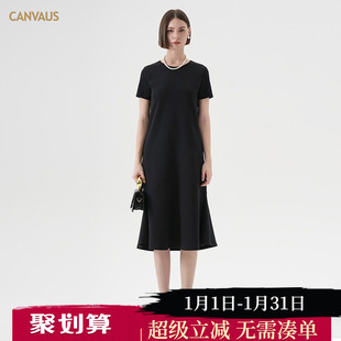 卡恩希2025夏装新款中长连衣裙短袖宽松显瘦休闲法式气质鱼尾裙子