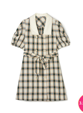 Outlets专柜撤柜正品 LM夏装2025新款拼色格纹短裙时尚翻领连衣裙