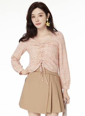 2025年秋Outlets正品 高端LM系列甜美减龄格纹上衣抽绳系带衬衫女