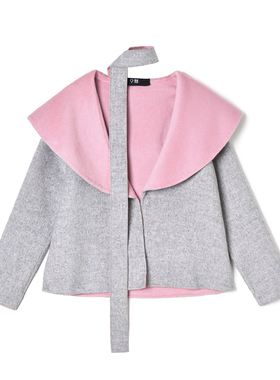 Outlets撤柜正品 FZ冬装新款含羊毛拼色开衫双面尼毛呢外套大衣女