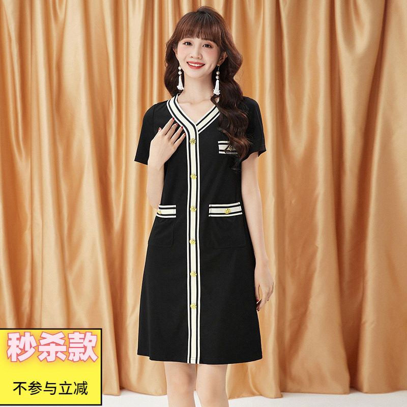 2026年夏装Outlets专柜 高端LS系列 拼色V领中裙微弹力休闲连衣裙