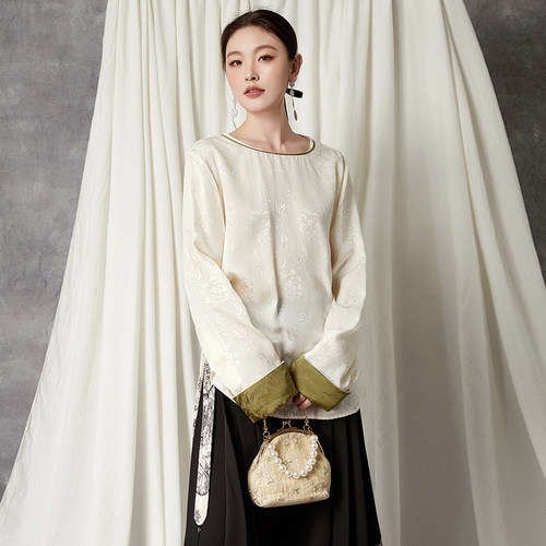 提花长袖上衣一粒扣圆领衬衫