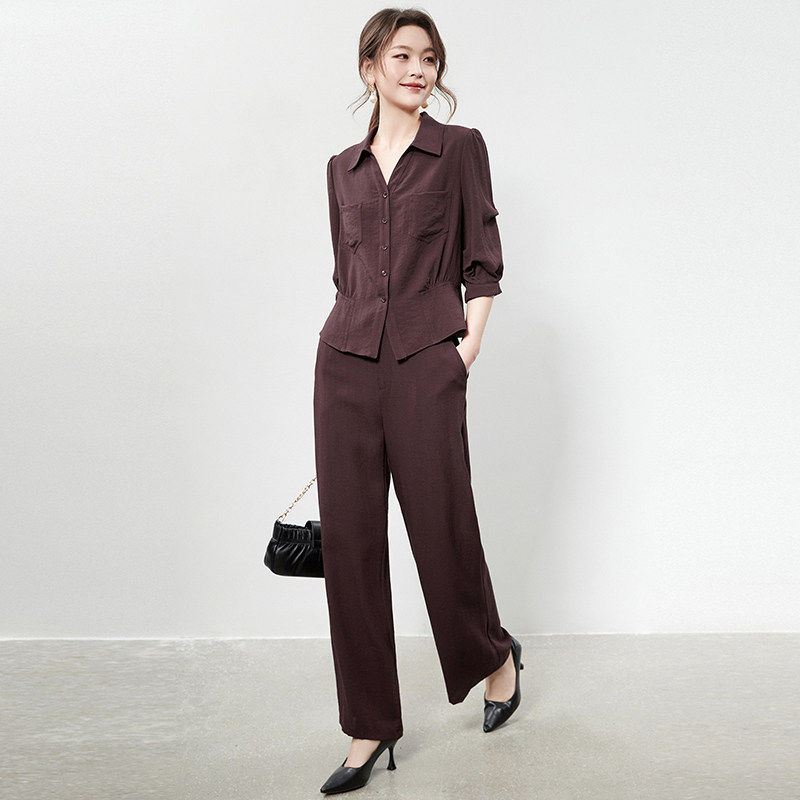 奥莱专柜品牌撤柜正品 KA春装新款时尚感翻领上衣+长裤两件套装女