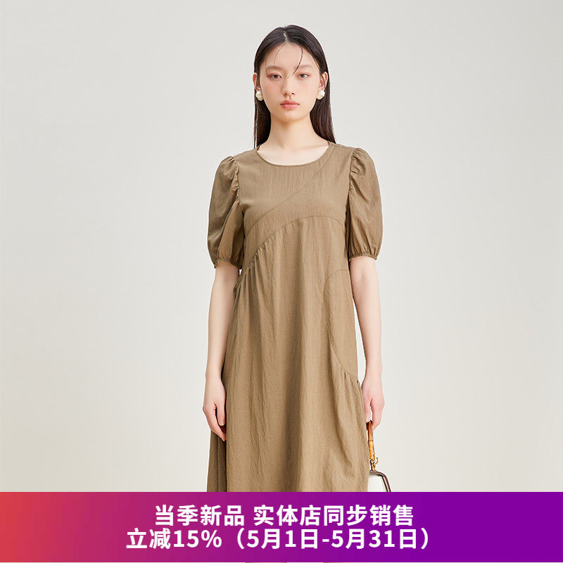 SOMSOM索玛夏装新款 纯色圆领宽松显瘦甜美泡泡袖通勤约会连衣裙