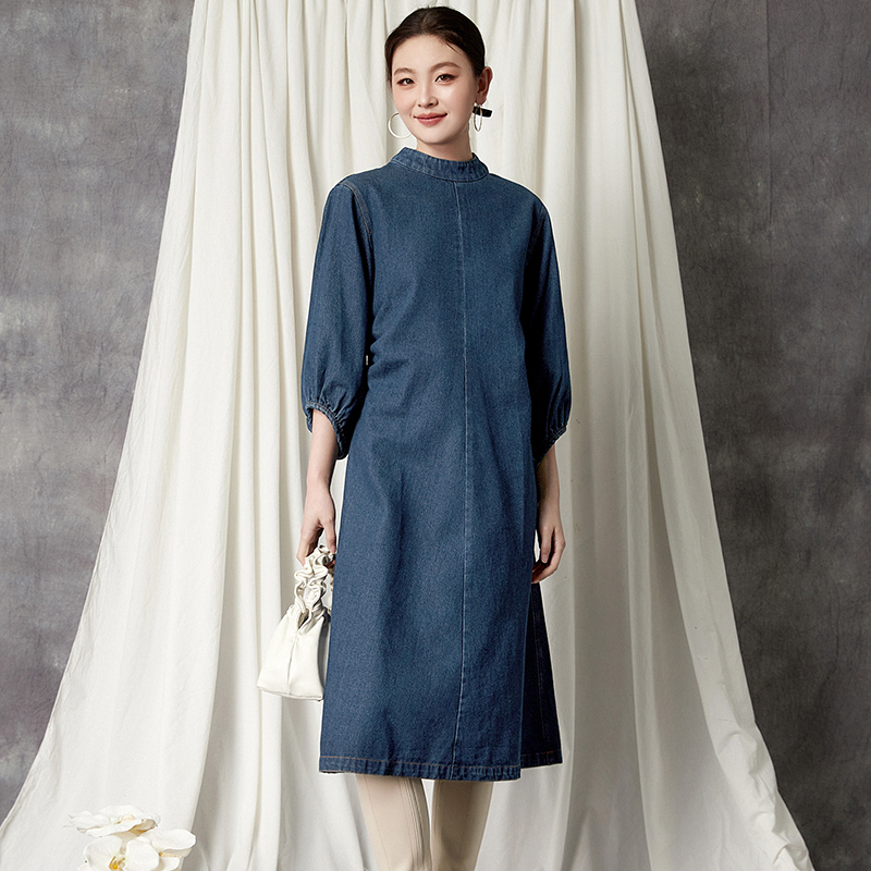 牛仔中长裙七分袖连衣裙