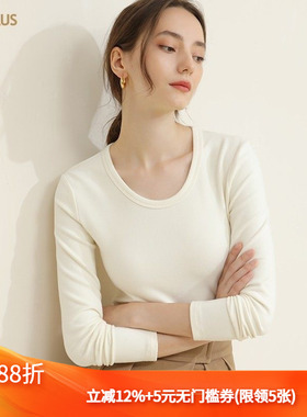 奥特莱斯 CANVAUS冬装新款双面德绒打底衫女长袖保暖圆领黑白厚款