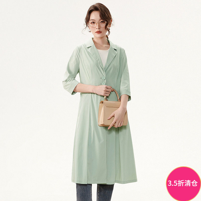 2026年春装Outlets专柜 高端HM系列单排扣七分袖加长款风衣外套女