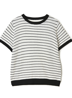 2025年秋装Outlets专柜 SY系列拼色条纹微弹上衣套头短袖针织衫女