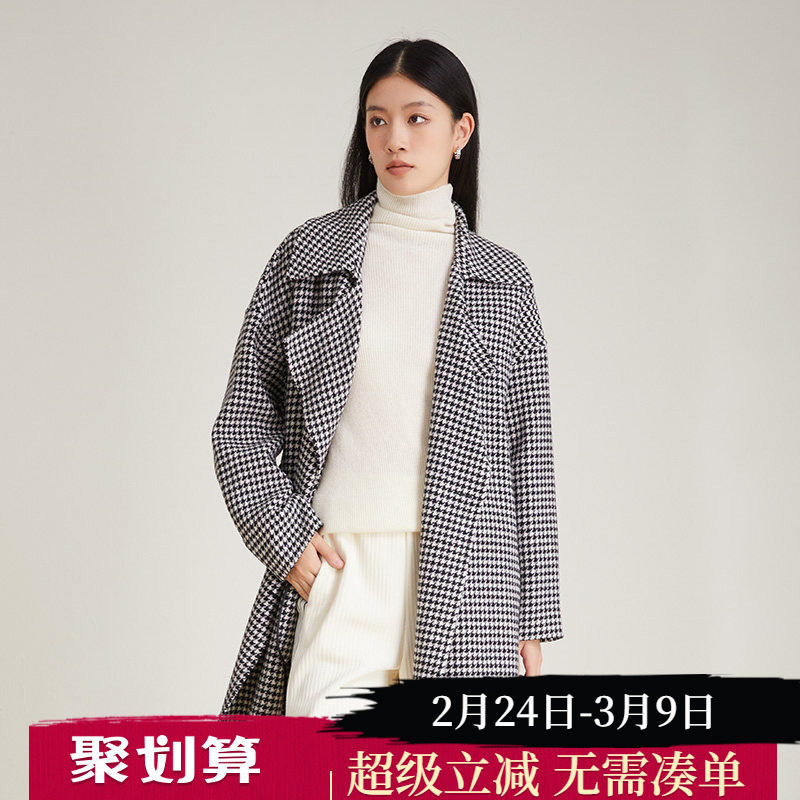SOMSOM/索玛千鸟格外套女秋冬时尚黑白格子宽松复古中长款呢大衣