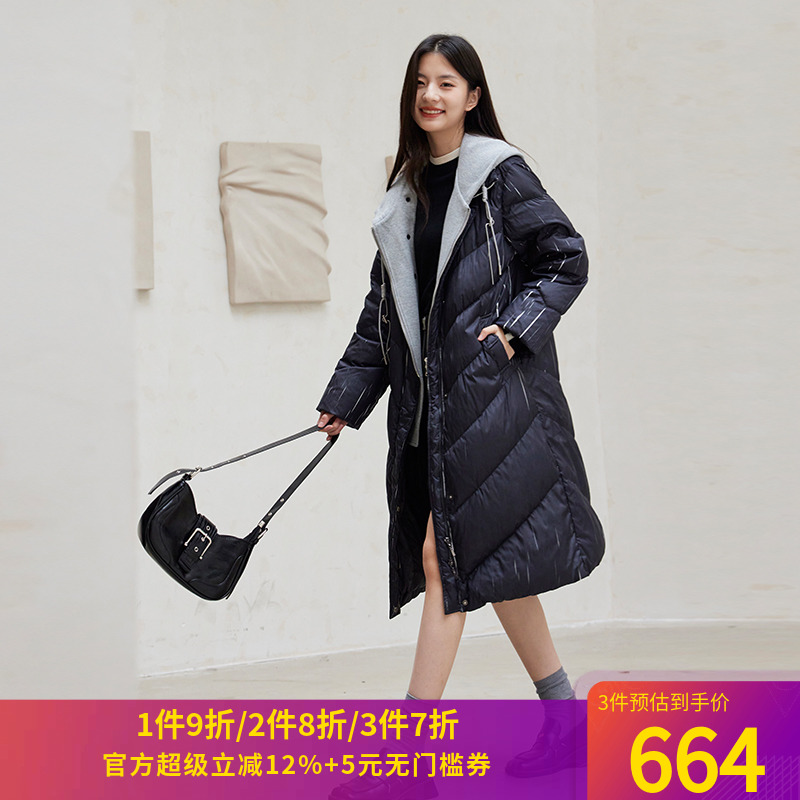 长款鸭绒宽松针织帽加厚外套