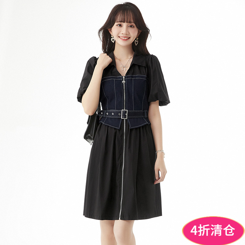 奥莱专柜品牌撤柜正品 YV夏装2025新款 牛仔拼接中裙高级感连衣裙