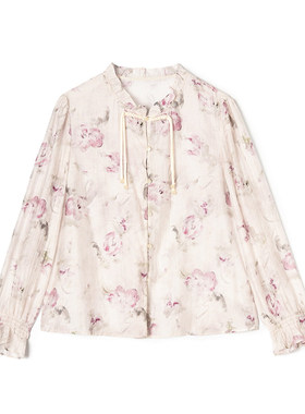 奥莱专柜正品 ZW春装2026新款 国风立领上衣减龄款印花长袖衬衫女