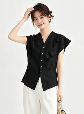 奥莱专柜正品 WA夏装2026新款 时尚修身收腰剪裁上衣飞飞袖衬衫女
