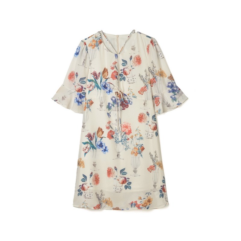 奥莱专柜品牌撤柜正品 QY夏装2025新款 温柔印花中裙七分袖连衣裙