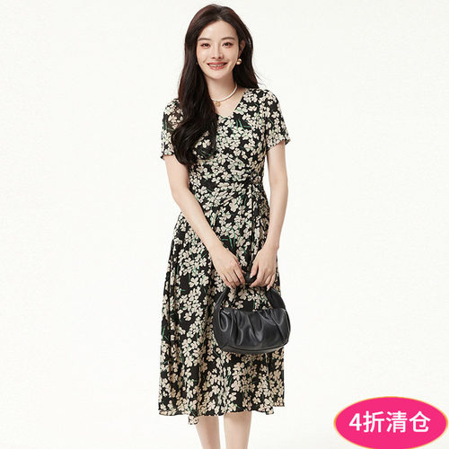 雅致印花中长连衣裙女