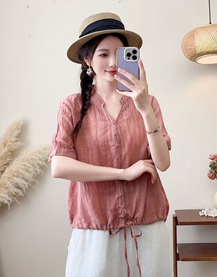 新款石墨洗加捻进口砂洗苎麻上衣气质长袖衬衣抽绳摆女纯色衬衫