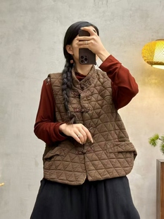 立领盘扣格纹马甲女秋冬新款女装丝麻面料女装宽松棉服上衣外套女