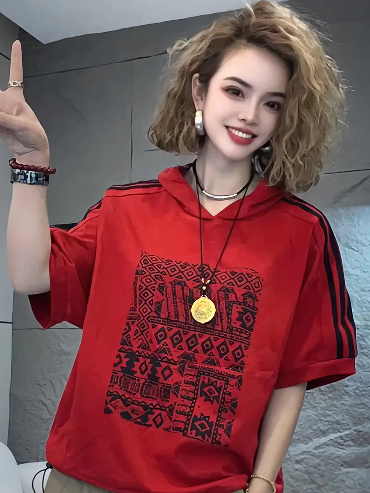 2025夏季新款时尚休闲百搭连帽T恤女宽松显瘦简约洋气印花上衣女