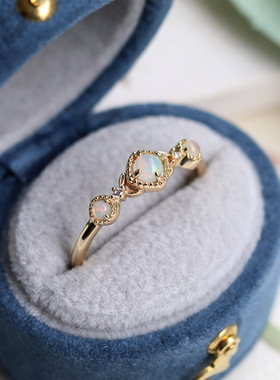 日系轻奢珠宝 天然三颗欧泊 经典镂空宫廷风戒指925银镀14k金