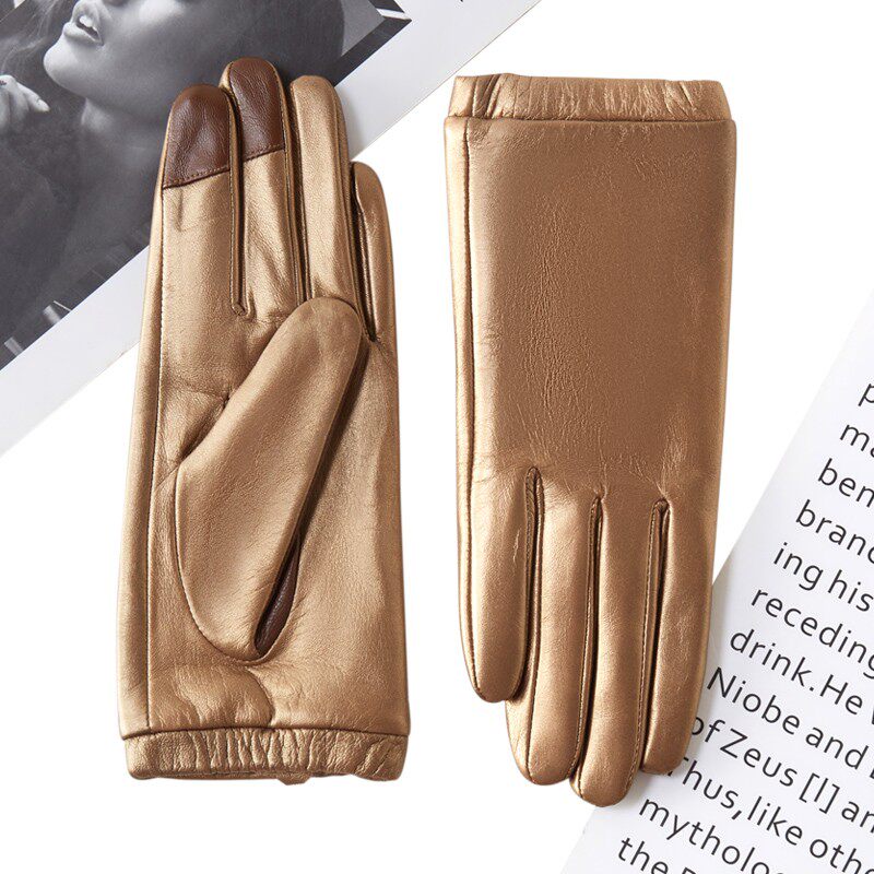 高档羊皮真皮手套女士触屏加绒修手型薄款开车骑行秋冬季保暖金色