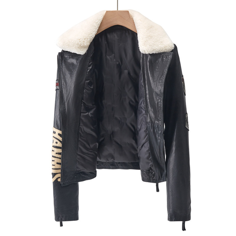 复古飞行员真皮皮衣机车女士秋冬季保暖绵羊皮羽绒服皮夹克外套女