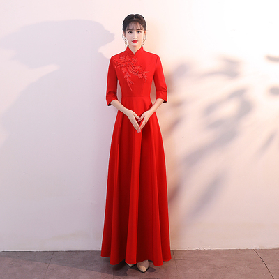 中袖迎宾小姐旗袍长裙礼服复古